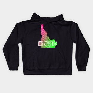Colorful mandala art map of Idaho with text in pink and green Kids Hoodie